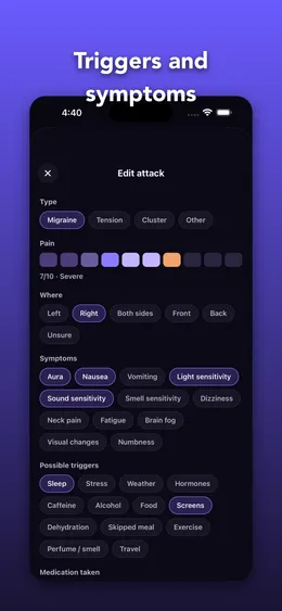 Auralis log screen for pain, symptoms, triggers, and medications